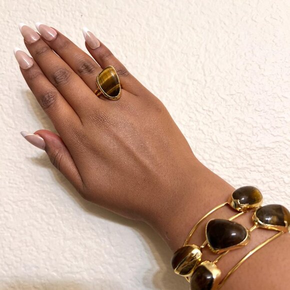 Tiger Eye Stone Gold Plated Cuff Bracelet & Ring Set - Picture 3 of 3